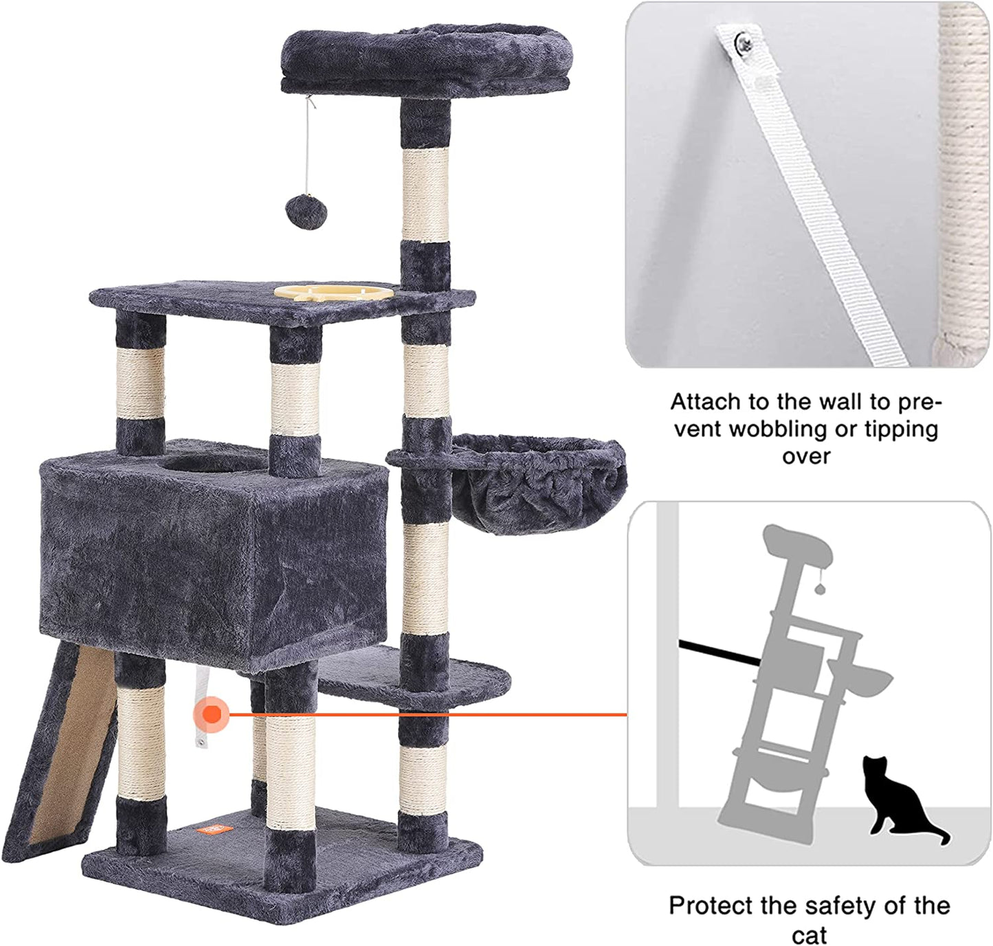 Cat Tree, Cat Tower for Indoor Cats with Scratching Board, Multi-Level Cat Furniture Condo with Feeding Bowl Smoky Gray HCT010G